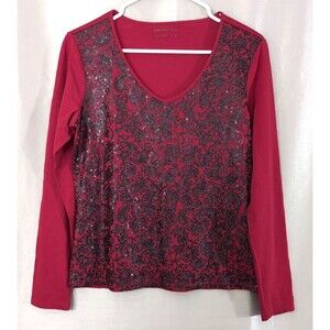 Coldwater Creek Women's Size SMALL Red & Black All Over Sequin V-Neck Top Gothic